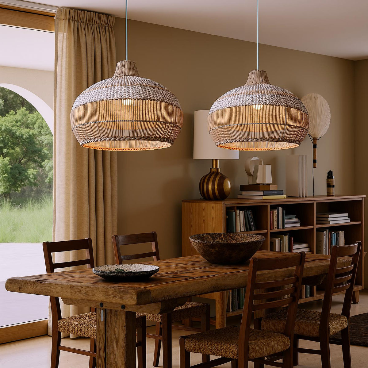 Handwoven Rattan Pendant Light for Kitchen Island – Boho Ceiling Lamp