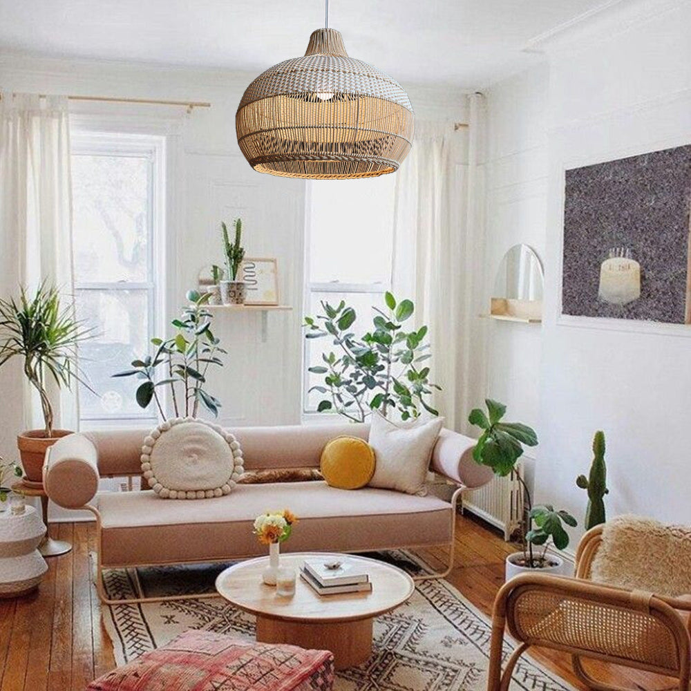 Handwoven Rattan Pendant Light for Kitchen Island – Boho Ceiling Lamp